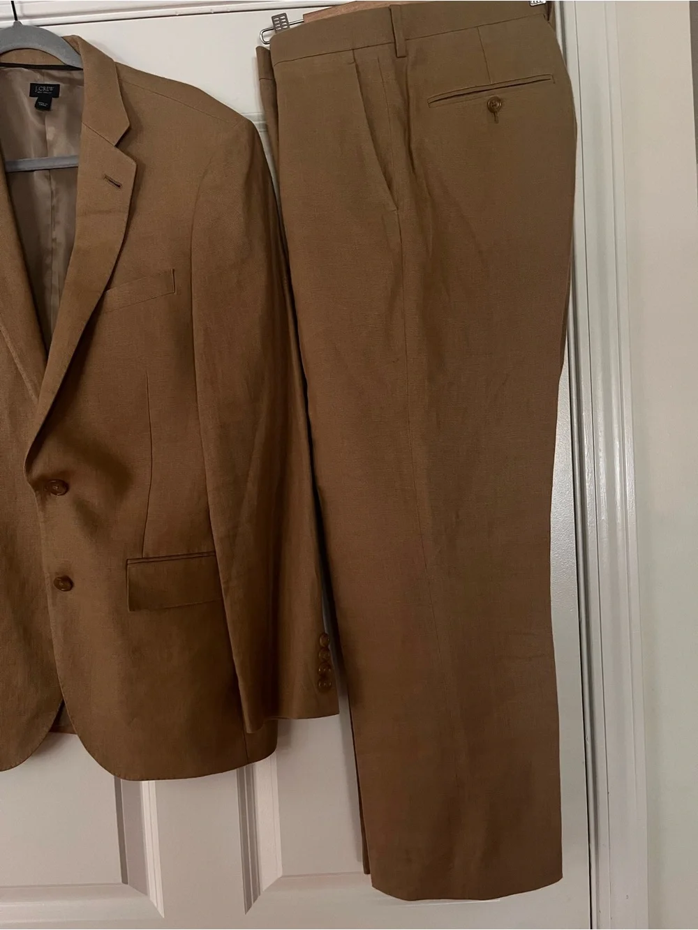 J CREW Ludlow Irish Linen Camel Tan Suit 38R Pants 33 x 27.5 with a 2-Inch Hem